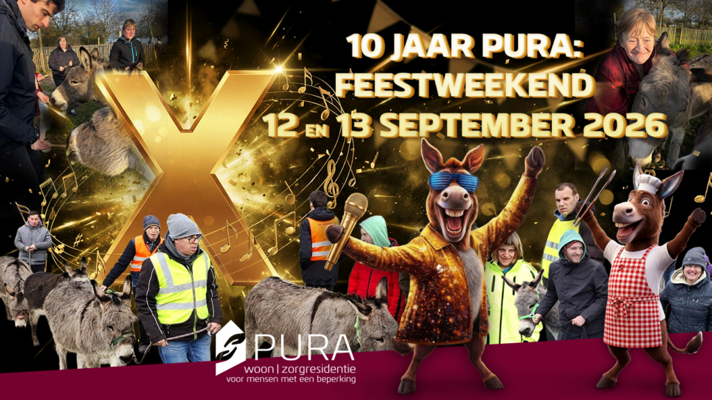 collage van zorgnemers van Pura op wandel met ezeltjes, samen met de aankondiging van het feestweekend op 12 en 13 september.
